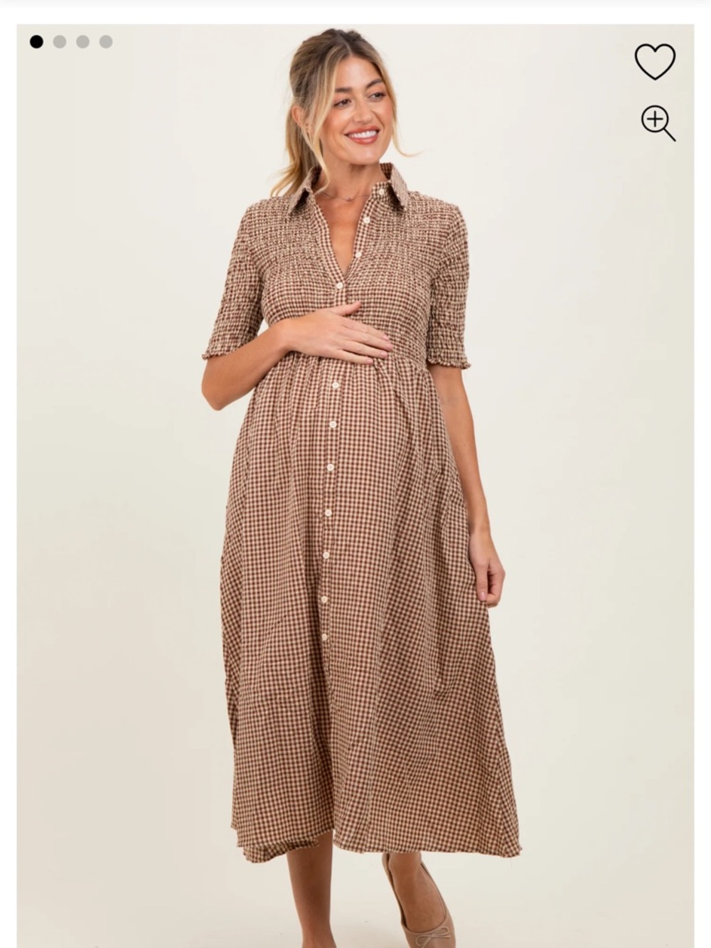 PinkBlush Mocha Gingham Smocked Button Down Maternity Midi Dress in Size S